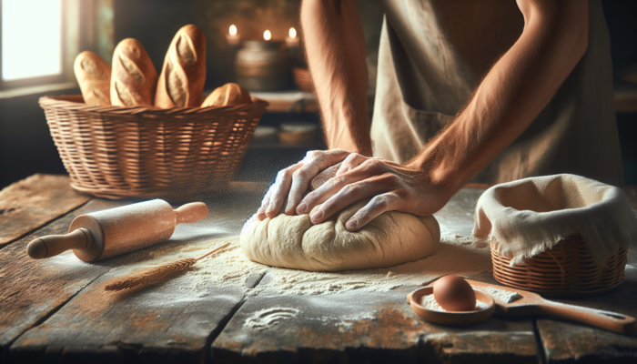 A baker kneading dough on a floured surface, with proofing baskets and a scored loaf in a rustic kitchen.