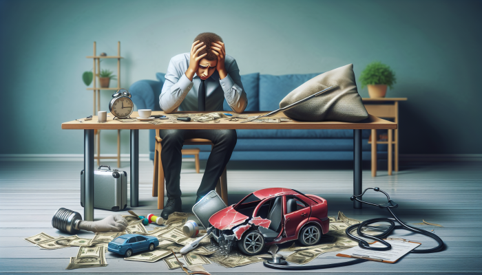 How to Cope with Debt Consolidation Setbacks: A Guide | DCL How to Cope with Debt Consolidation Setbacks: A Person Overwhelmed by Bills, Car Repair, and Medical Costs, Struggling with Debt Consolidation.
