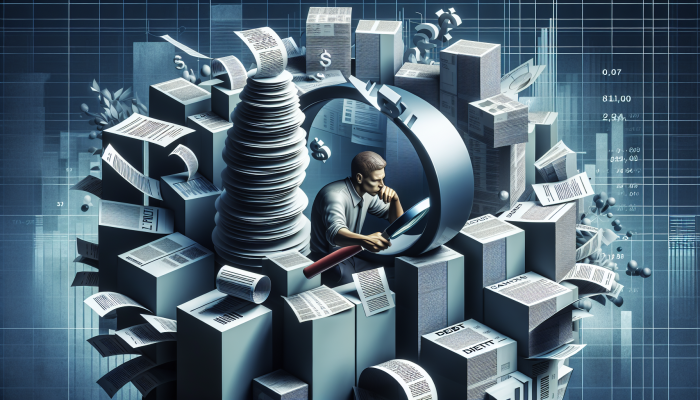 How to Cope with Debt Consolidation Setbacks: A Guide | DCL Person Analysing Towering Bills and Financial Documents with a Magnifying Glass, Surrounded by Debt Charts and Graphs.