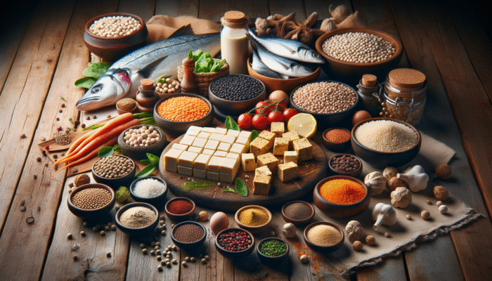 A vibrant assortment of tofu, lentils, quinoa, and fish on a rustic table, garnished with herbs and spices.