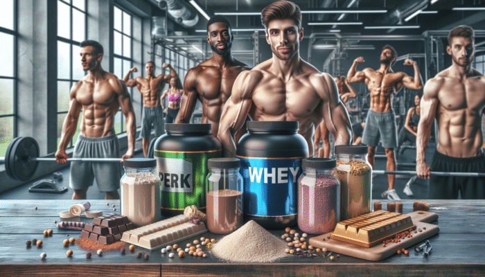 A table showcasing a variety of protein supplements including whey, plant-based powders, and bars, set against a gym backdrop.