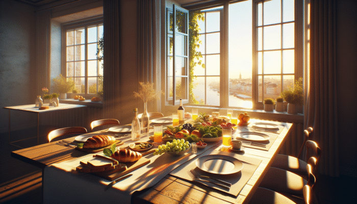 A meal on a table near a window, bathed in golden hour's soft, natural light, enhancing food's vibrancy.