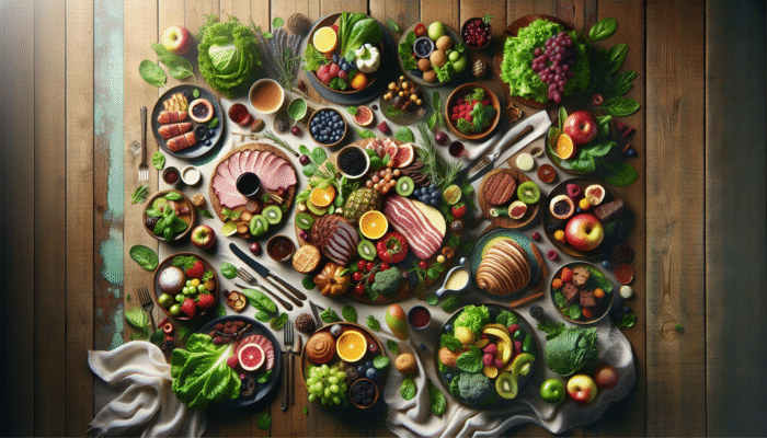 A gourmet meal on a rustic table, demonstrating composition techniques in food photography.