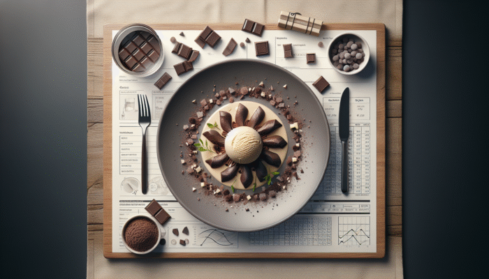 A beautifully arranged dessert plate with chocolate shavings, ice cream, framed by herbs and napkins.