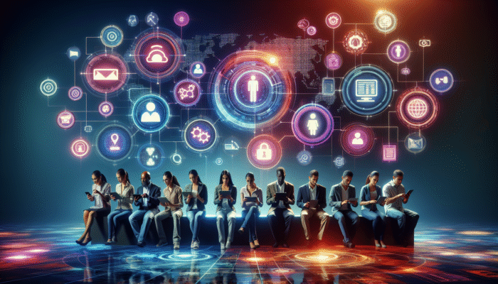 Diverse group using digital devices with personalised holograms, vibrant digital landscape background.