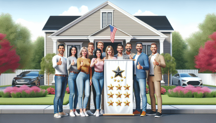 Satisfied homeowners showing thumbs-up in front of their home, showcasing a banner with top-rated home service logo and reviews.