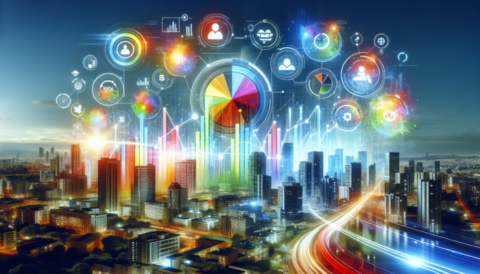 A vibrant Bing business profile showcasing graphs that indicate increased traffic and trust, set against a lively city backdrop.