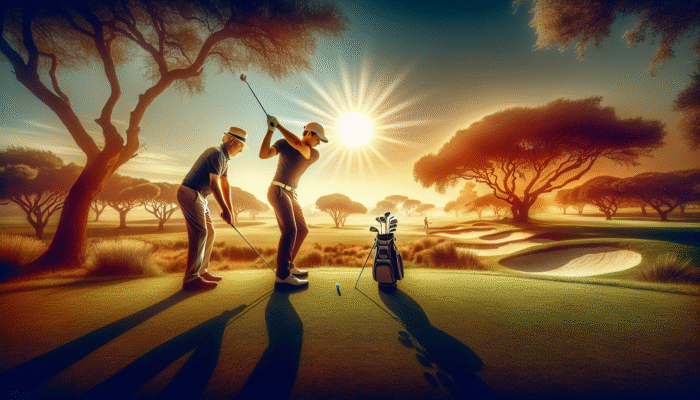 A South African golf pro providing coaching on swing adaptability on a lush green course under the African sun.