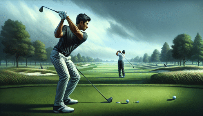 A golfer observing a professional adapting their swing at a local tournament in challenging weather.