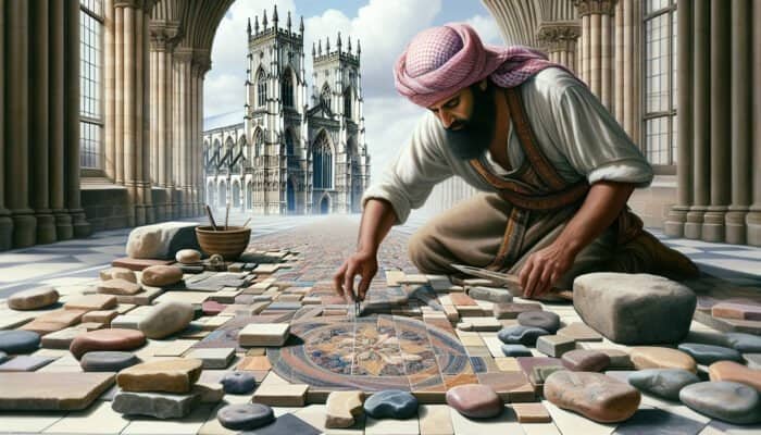 A skilled UK stonemason intricately crafting stone tiles using local Scottish Borders stones, showcasing a variety of colours and textures against the historic backdrop of York Minster, merging tradition with modern techniques for curved tiling.