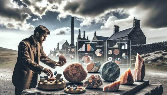 A stonemason examining local stones at a Scottish quarry, with traditional architecture in the background.
