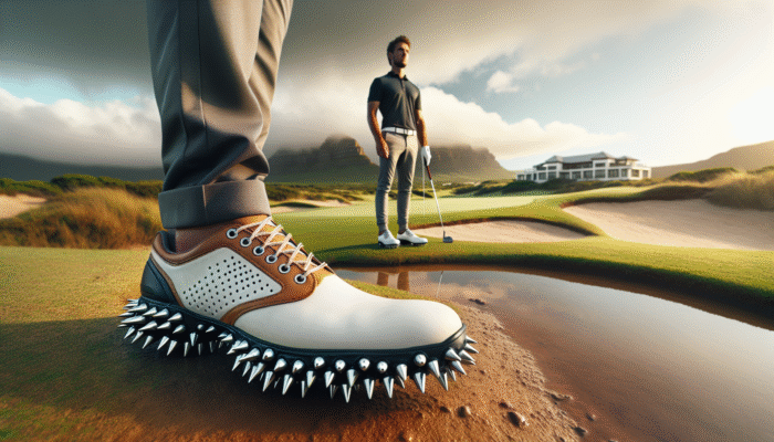 A golfer in stylish spiked shoes on varied South African terrain, demonstrating grip and stability.