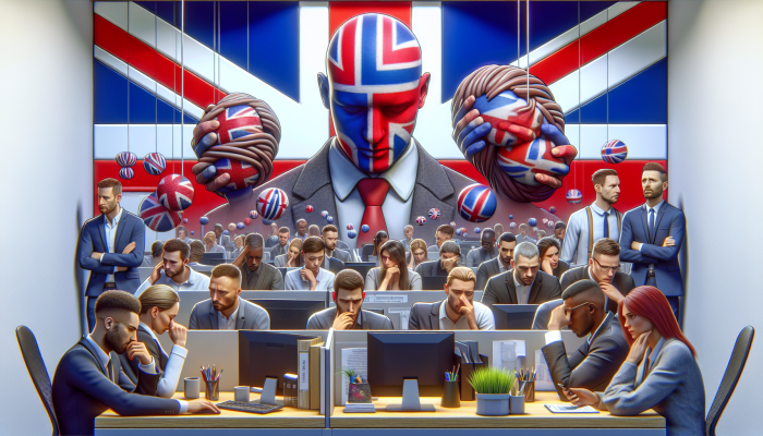 Diverse UK office workers exhibiting stress and anxiety in a modern workplace with mental health support cues.