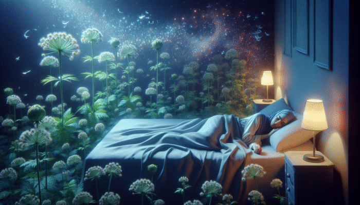 Person sleeping peacefully in bedroom surrounded by glowing valerian root plants, symbolising natural sleep aid.