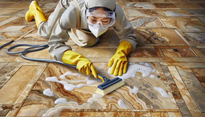 A close-up of well-maintained travertine tiles with a person using cleaning tools, highlighting the necessity of regular care.