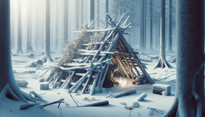 A person constructing a shelter in a snowy forest using natural materials, showcasing survival skills.