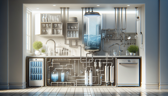 Modern kitchen with an under-sink advanced water filtration system using activated carbon filters, purifying water into a clear glass, removing chlorine and contaminants.