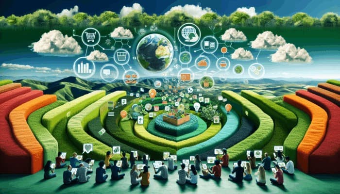 Infographic illustrating sustainable living trends, zero-waste tips, and eco-friendly product reviews, with diverse consumers engaging with digital devices.