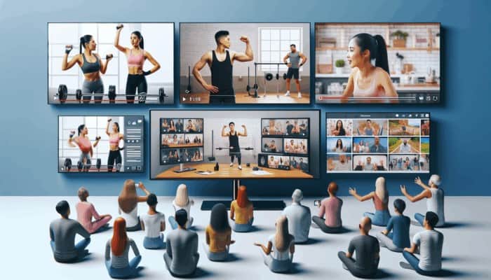 Screen displaying fitness tutorials, expert interviews, and behind-the-scenes vlogs, engaging a diverse audience.