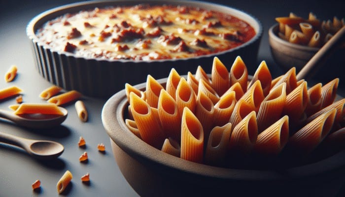 Penne pasta paired with chunky marinara sauce and baked penne al forno topped with melted cheese and meat.