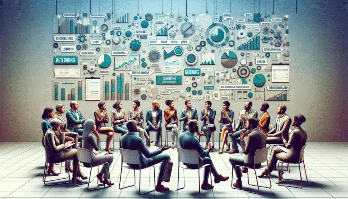 A vibrant networking event featuring diverse professionals forming genuine connections in a modern conference space.