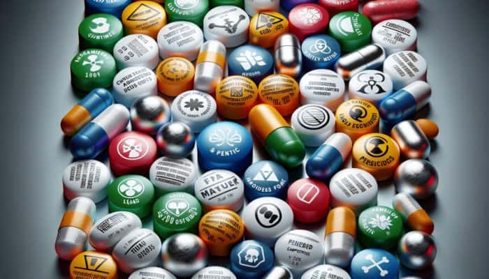 Illustration of heavy metals and pesticides contaminating dietary supplements, showing health risks.
