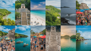 A collage of 12 images showcasing beautiful beaches, ancient stone ruins, lush green landscapes, ocean vistas, bustling festivals with market stalls, boats on the water, and people enjoying sandy shores under blue and partly cloudy skies—ideal for a Belize travel guide.