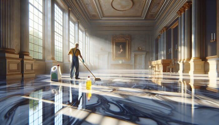 A person cleaning glossy marble floors in a historic Scottish Borders home, ensuring no streaks with sunlight streaming through windows.