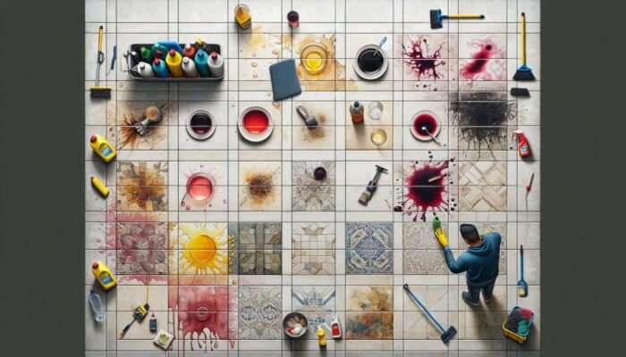 Porcelain tiles marked with wine, coffee, and grease; individual cleaning with varied tools and solutions.