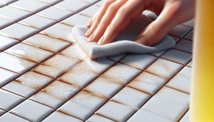 Porcelain tiles displaying hard water stains being cleaned with a vinegar-soaked cloth, restoring their shine.