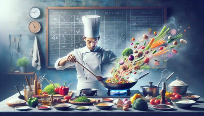 Chef expertly stir-frying colourful vegetables and meat in a wok, with steam rising in a vibrant kitchen.