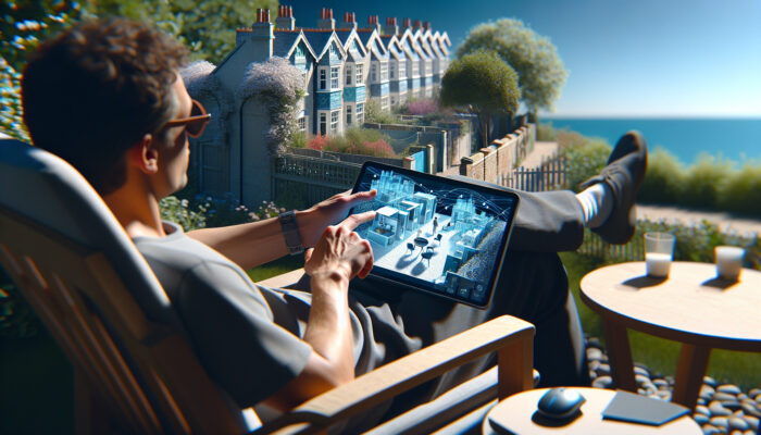 Individual in a Brighton garden managing a London flat decluttering project through video conferencing.