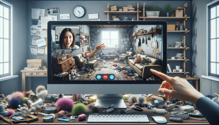A digital interface displaying a virtual home tour with a homeowner on a video call, guiding through a cluttered room.