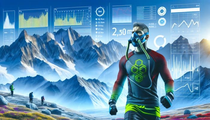 Supplements for High-Altitude Training: Athlete at 2,500 meters with an oxygen mask, training among snowy mountains for peak performance.