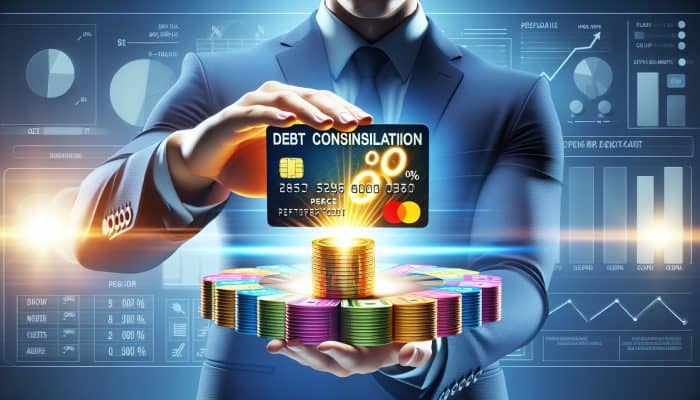 Person transferring colorful credit card balances to new card with "0%" symbol, illustrating debt consolidation.