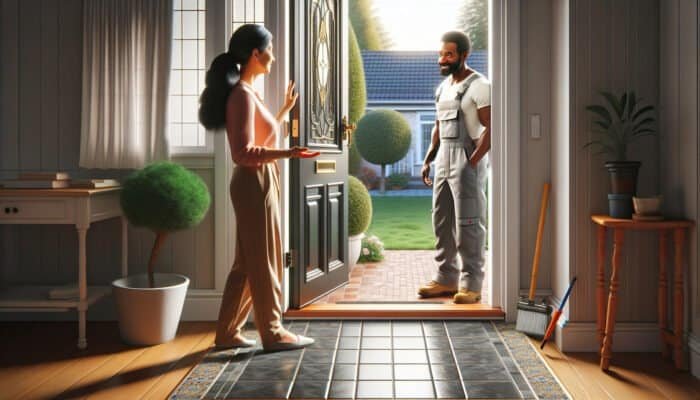 A person admiring a neighbour's clean tiles, inquiring about the grout cleaner's contact.