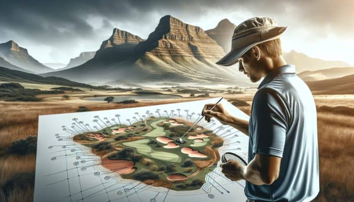 Golfer analysing Gary Player Country Club map, noting elevation changes and water hazards for strategic play.