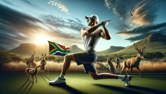 South African golfer engaged in a vigorous fitness session on a sunlit course, preparing for a tournament.