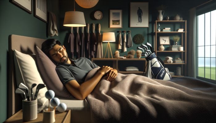 A golfer peacefully sleeping in a cozy, dimly lit bedroom, surrounded by calming decor.