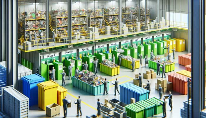 A detailed scene of waste sorting in a bright, organized recycling facility with labelled bins for glass, paper, plastic, and metal, and people sorting items.