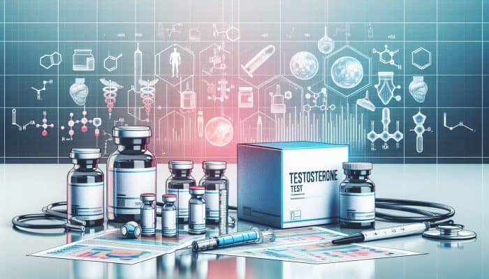 Illustration of testosterone test kit with vials, syringes, and hormonal benefits chart in a contemporary laboratory.