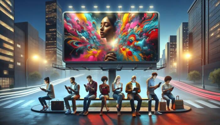 A vibrant digital billboard in a bustling cityscape displaying ads, with individuals engaging with similar ads on smartphones and laptops across diverse platforms.