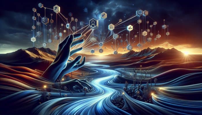 Hands reaching for luminous streams of light that symbolise link equity within a digital landscape.