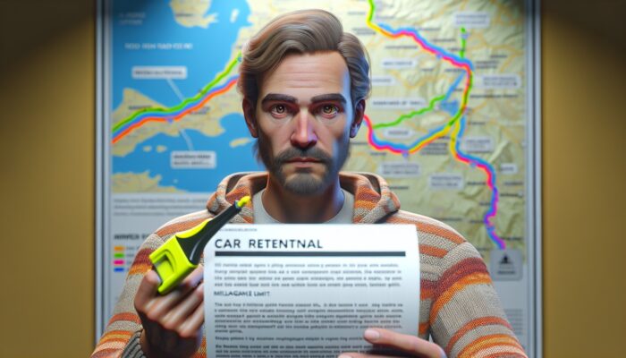 A traveller assessing a car rental agreement, concerned about mileage limits, with a roadmap in the background.