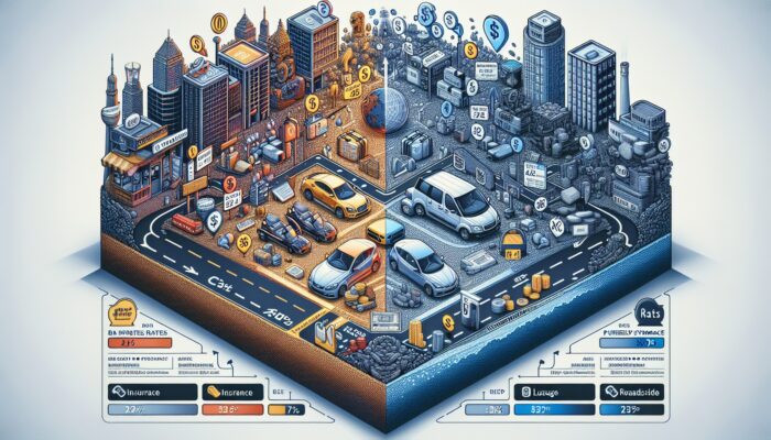 Infographic contrasting base rental rates for compact cars in urban settings and luxury vehicles in remote areas, including insurance and roadside assistance.