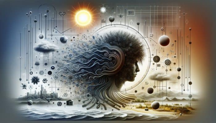 Individual with curly hair surrounded by symbols representing humidity, sunlight, and pollution while struggling with tangles due to improper hair care and heat styling.