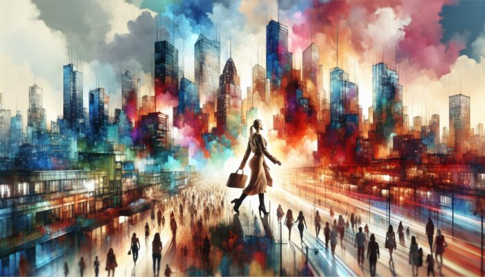 A person navigating a rented car through a lively city, surrounded by crowds and landmarks, en route to a modern hotel.