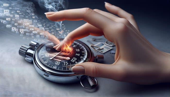 Hand adjusting digital timer settings, stopwatch showing 10 minutes, grilling scene with smoke and meat.