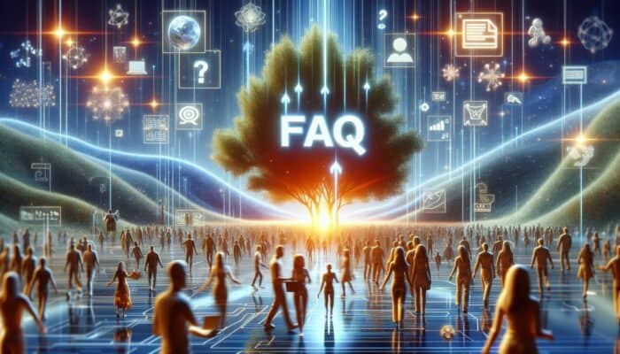 A vibrant FAQ section on a digital platform, surrounded by diverse users engaging positively with the content.