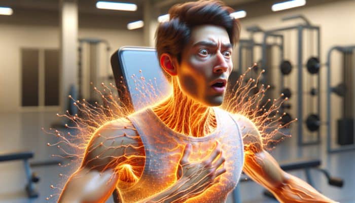 Side Effects of Beta-Alanine Tingling: Person lifting weights in gym, experiencing a tingling sensation on face, neck, and arms, with a surprised yet focused expression.